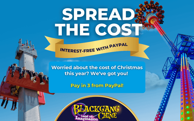 Image shows a blue sky with two theme park rides. The caption says: Spread the cost of your season pass interest-free with PayPal. Worried about the cost of Christmas this year? We've got you. Pay in 3 from PayPal. 