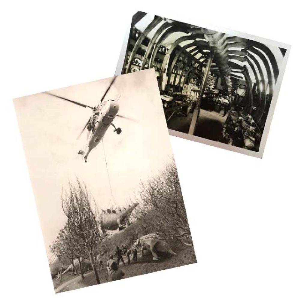 A dinosaur delivered by helicopter and a giant ribcage